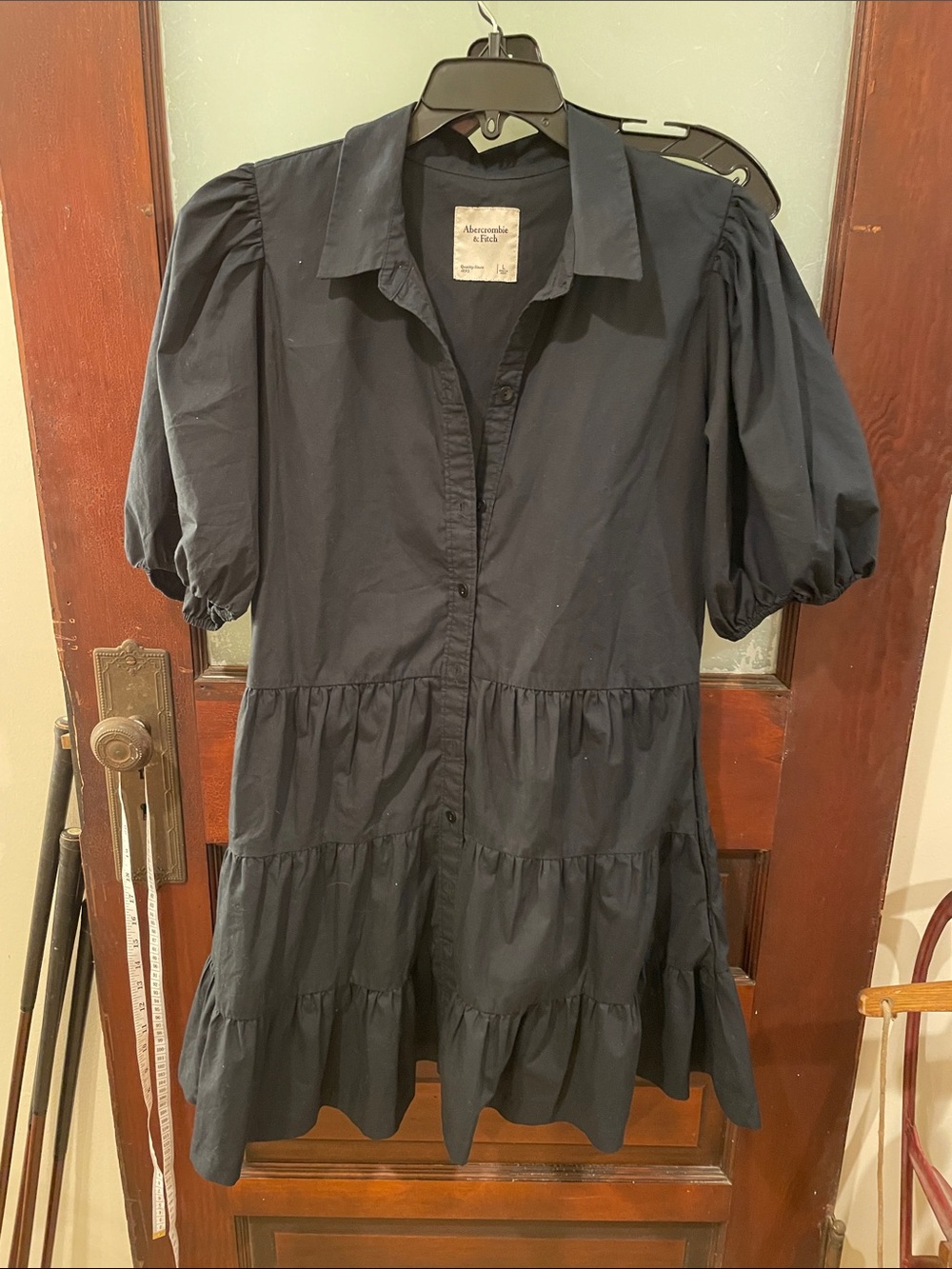 Abercrombie & Fitch Black Puff-Sleeve Tiered Shirt Dress